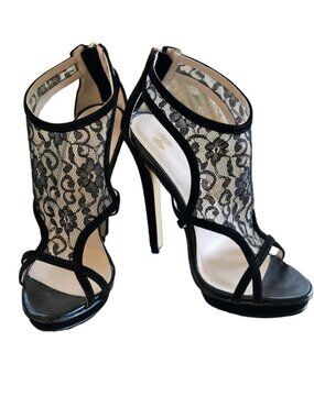 Victoria's Secret Black Lace Open-Toe 5" Stiletto Heels Back Zipper Box EUC - 7